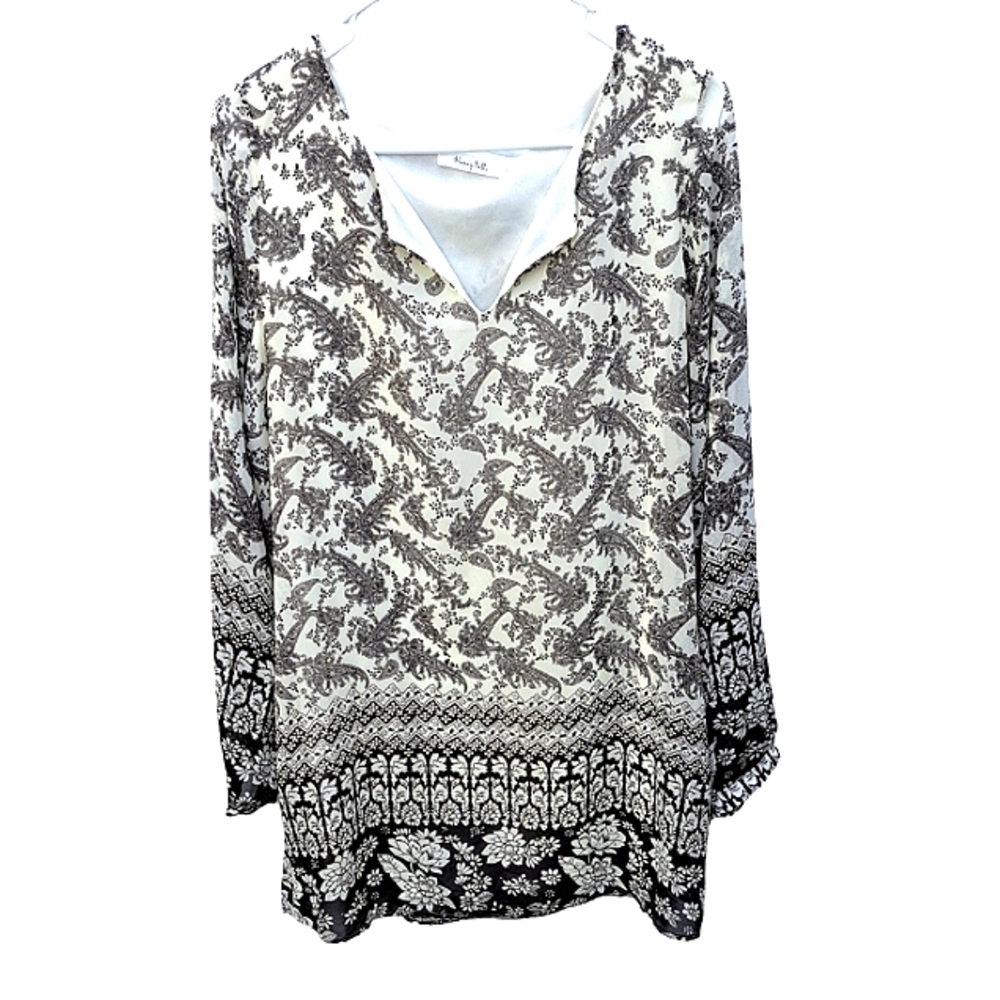 Large Tunic Top Boho Paisley Black White Lined micro mini possible